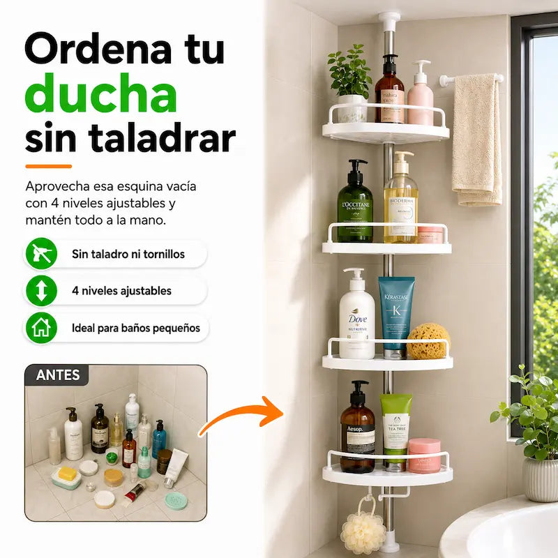 Organizador Esquinero de 4 Niveles | Transforma tu baño en minutos
