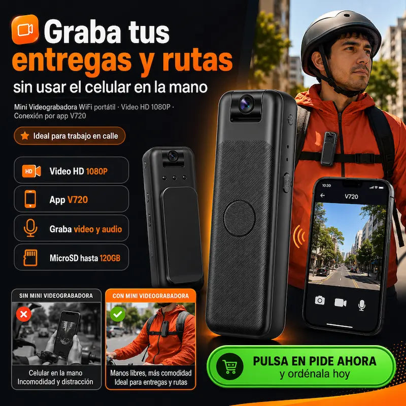 Mini Videograbadora Corporal WiFi | Graba entregas y rutas con manos libres