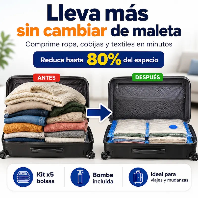 Kit Ahorra Espacio x5 | Bolsas al vacío para ropa, cobijas y viajes