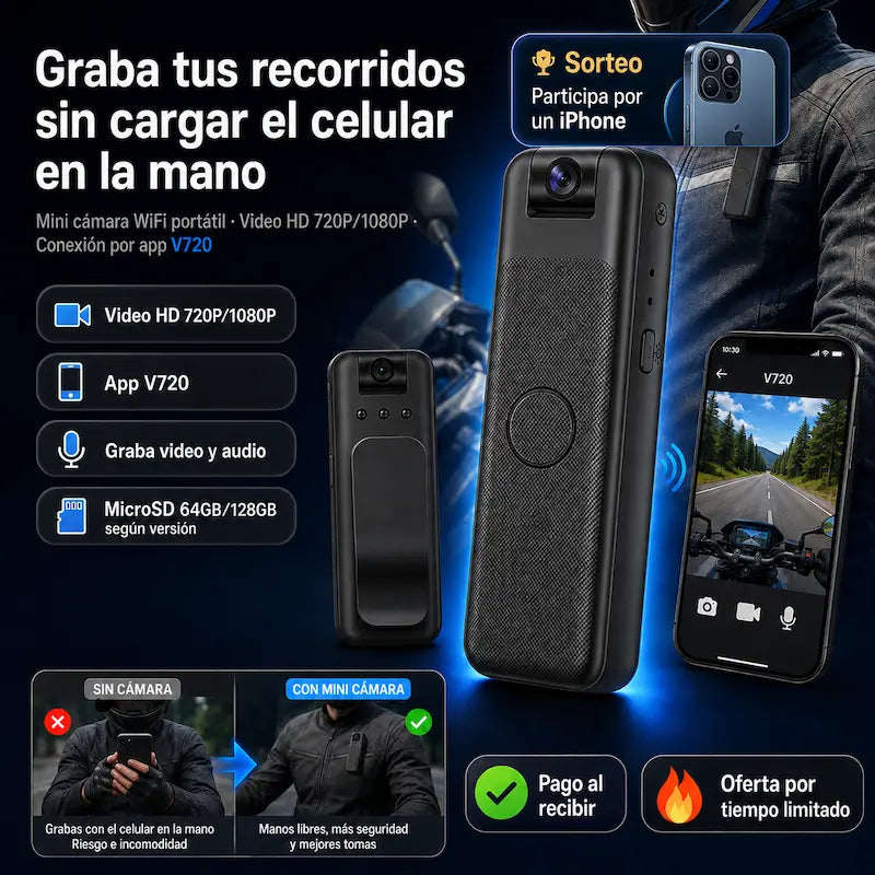 Mini Cámara WiFi Portátil | Graba recorridos, viajes y actividades en HD